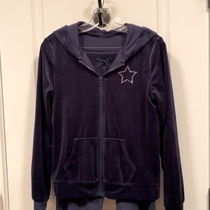 Small 2 pc navy velour hooded zip-front jacket and pants. Star embellishments.